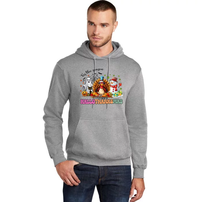 Happy Hallothanksmas Funny Halloween Thanksgiving Christmas Tall Hoodie