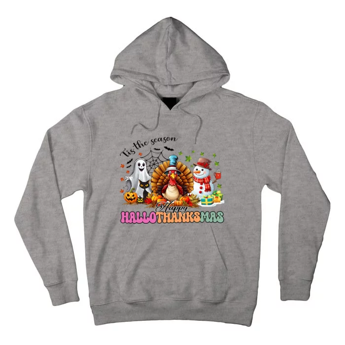 Happy Hallothanksmas Funny Halloween Thanksgiving Christmas Tall Hoodie