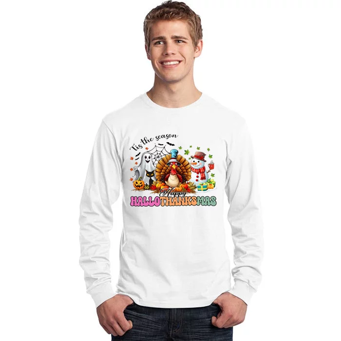 Happy Hallothanksmas Funny Halloween Thanksgiving Christmas Tall Long Sleeve T-Shirt