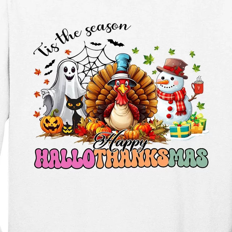 Happy Hallothanksmas Funny Halloween Thanksgiving Christmas Tall Long Sleeve T-Shirt