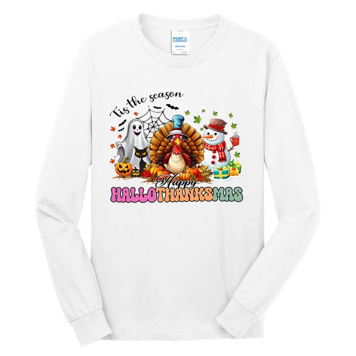 Happy Hallothanksmas Funny Halloween Thanksgiving Christmas Tall Long Sleeve T-Shirt