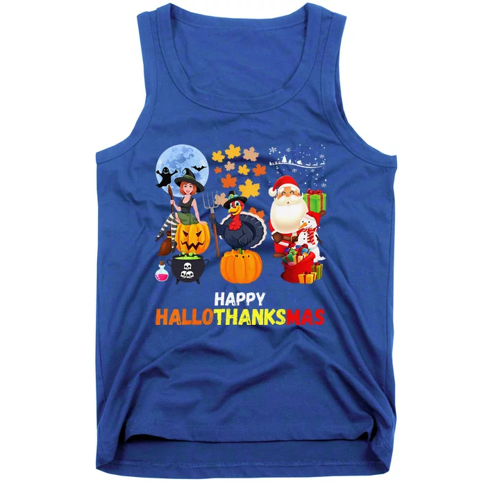 Happy Hallothanksmas Funny Halloween Thanksgiving Christmas Tank Top