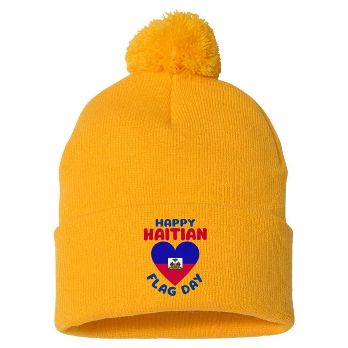 Happy Haitian Flag Day Cool Haiti Flag Heart Pom Pom 12in Knit Beanie