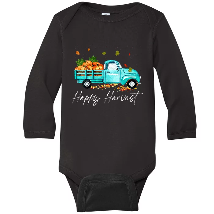 Happy Harvest Fall Season Pumpkin Truck Thanksgiving Vintage Baby Long Sleeve Bodysuit