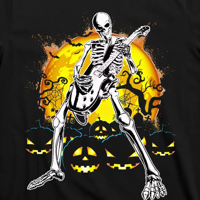 Happy Halloween Funny Skeleton Playing Guitar Pumpkin Vibes T-Shirt