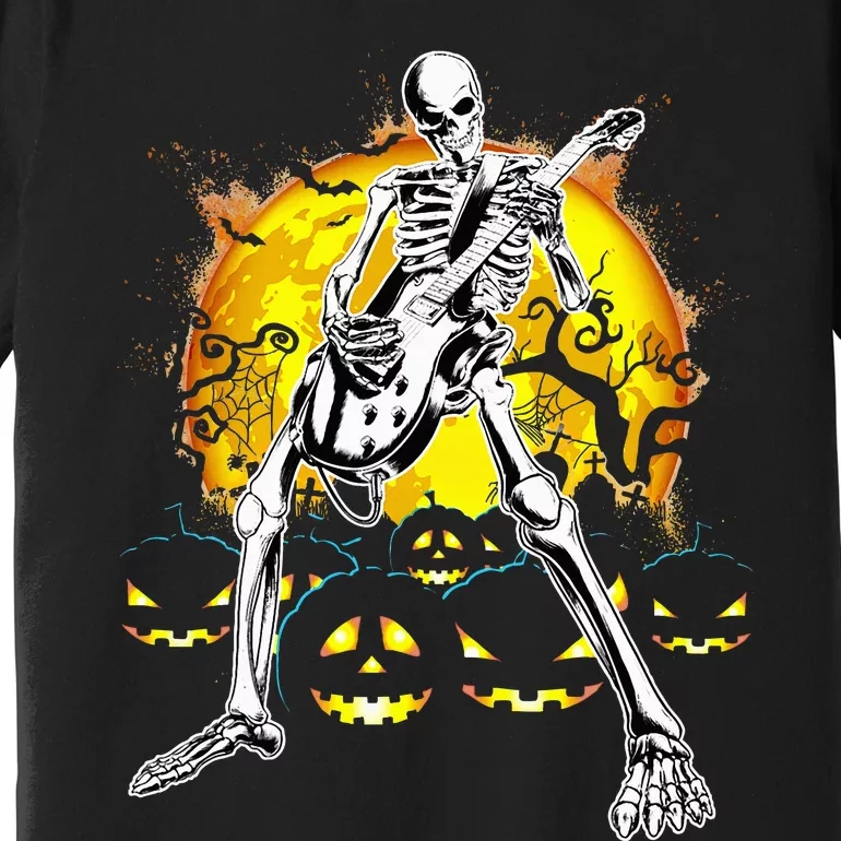 Happy Halloween Funny Skeleton Playing Guitar Pumpkin Vibes Premium T-Shirt