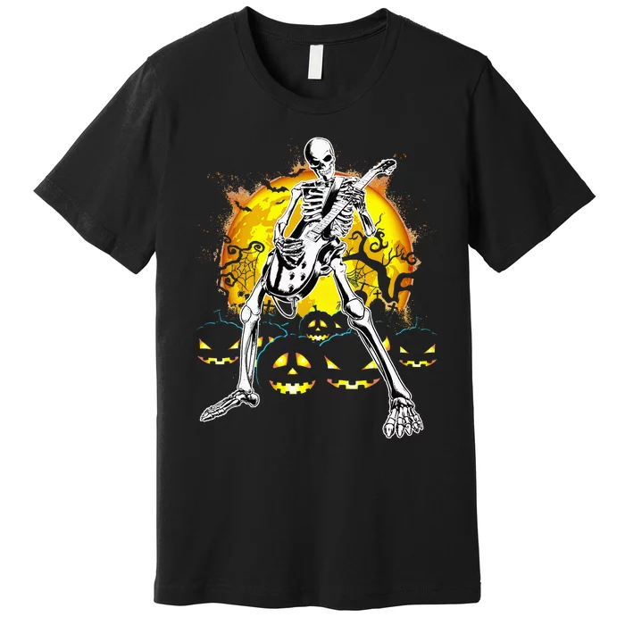 Happy Halloween Funny Skeleton Playing Guitar Pumpkin Vibes Premium T-Shirt