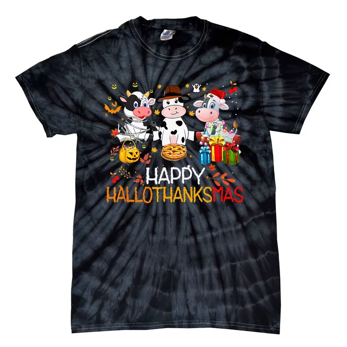 Happy HalloThanksMas Funny Santa Cow Halloween Thanksgiving Tie-Dye T-Shirt