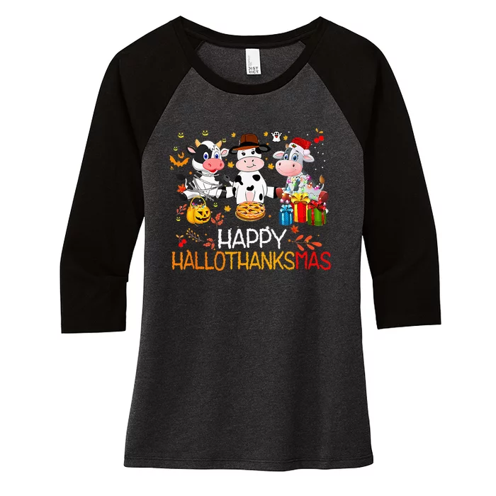 Happy HalloThanksMas Funny Santa Cow Halloween Thanksgiving Women's Tri-Blend 3/4-Sleeve Raglan Shirt