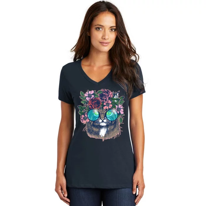 Hippy Hipster Flower Crown Cat Women's V-Neck T-Shirt