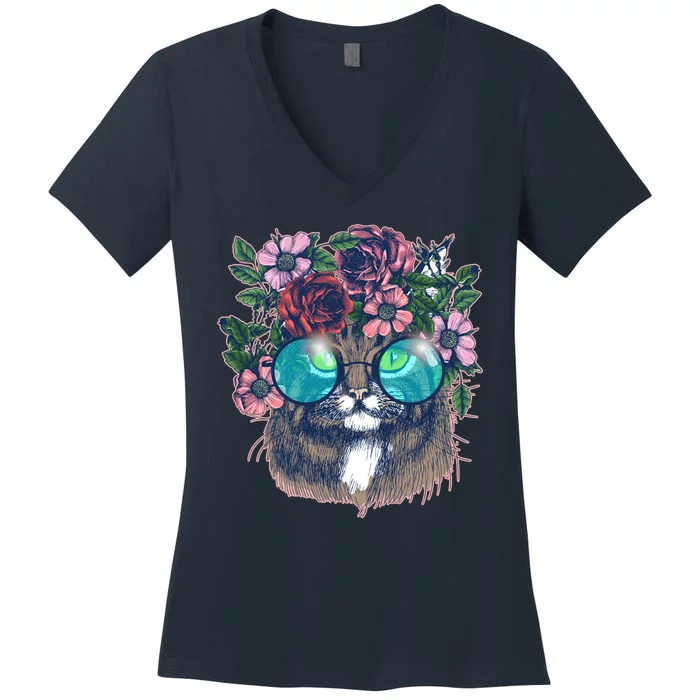 Hippy Hipster Flower Crown Cat Women's V-Neck T-Shirt