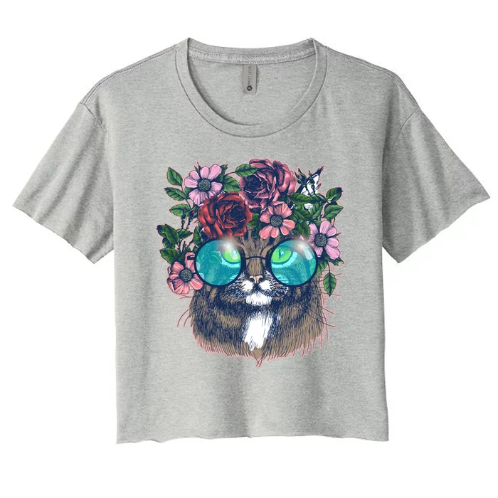 Hippy Hipster Flower Crown Cat Women's Crop Top Tee