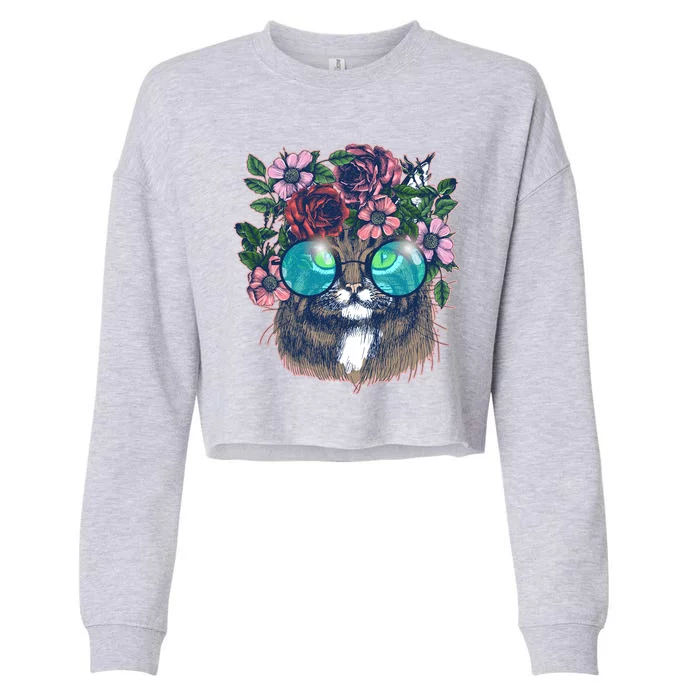 Hippy Hipster Flower Crown Cat Cropped Pullover Crew