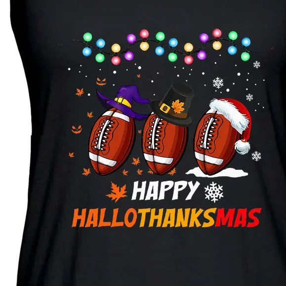 Happy Hallothanksmas Football Halloween Thanksgiving Xmas Ladies Essential Flowy Tank