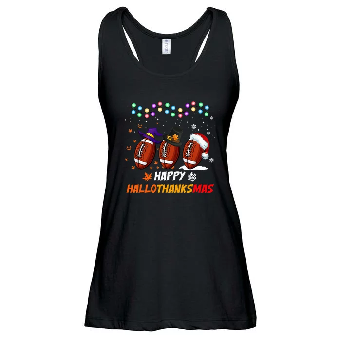 Happy Hallothanksmas Football Halloween Thanksgiving Xmas Ladies Essential Flowy Tank