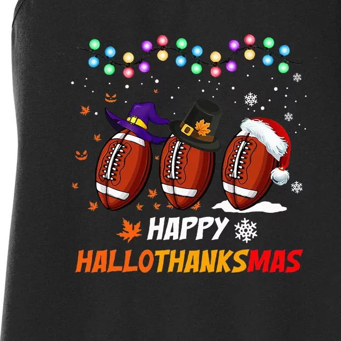 Happy Hallothanksmas Football Halloween Thanksgiving Xmas Women's Racerback Tank