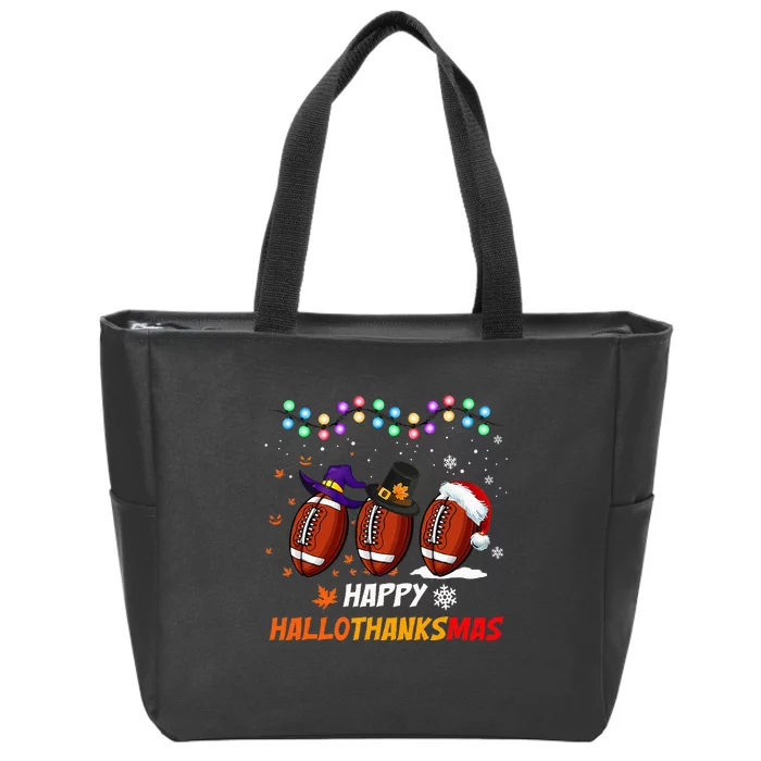 Happy Hallothanksmas Football Halloween Thanksgiving Xmas Zip Tote Bag