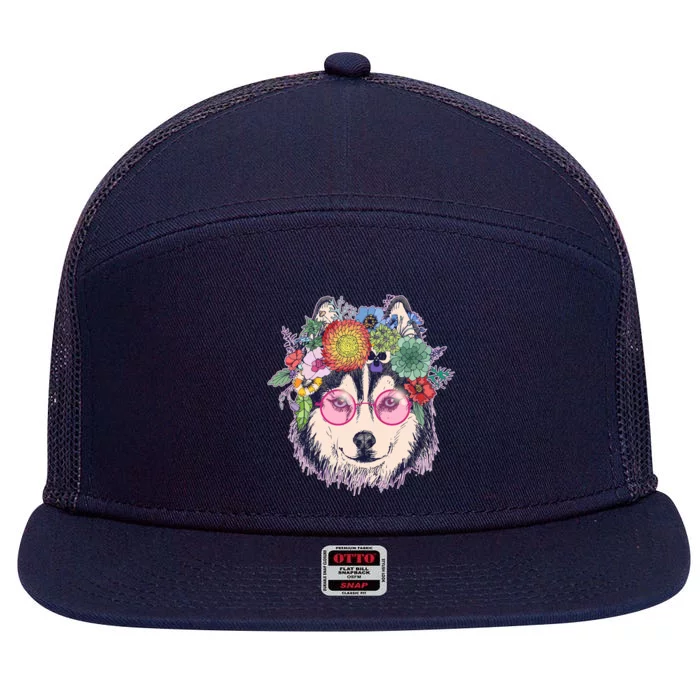 Hippy Hipster Flower Crown Dog 7 Panel Mesh Trucker Snapback Hat