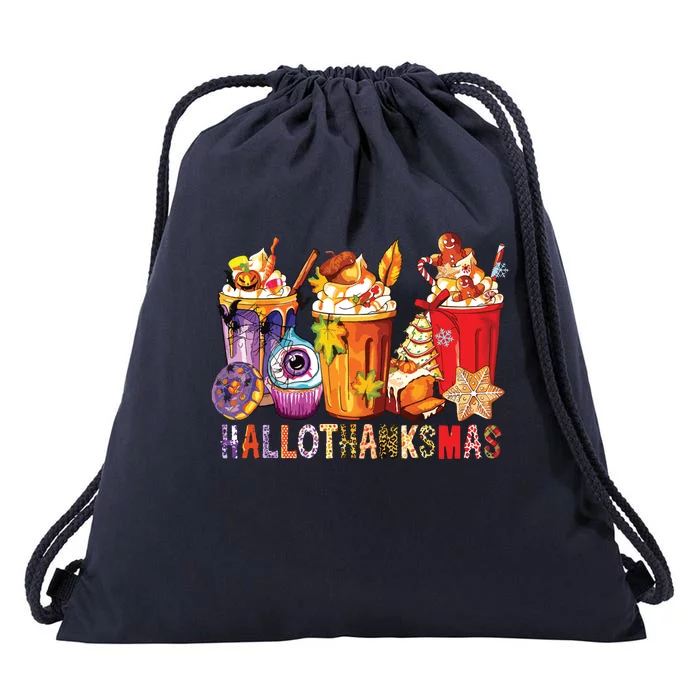 Happy Hallothanksmas Funny Halloween Thanksgiving Christmas Drawstring Bag