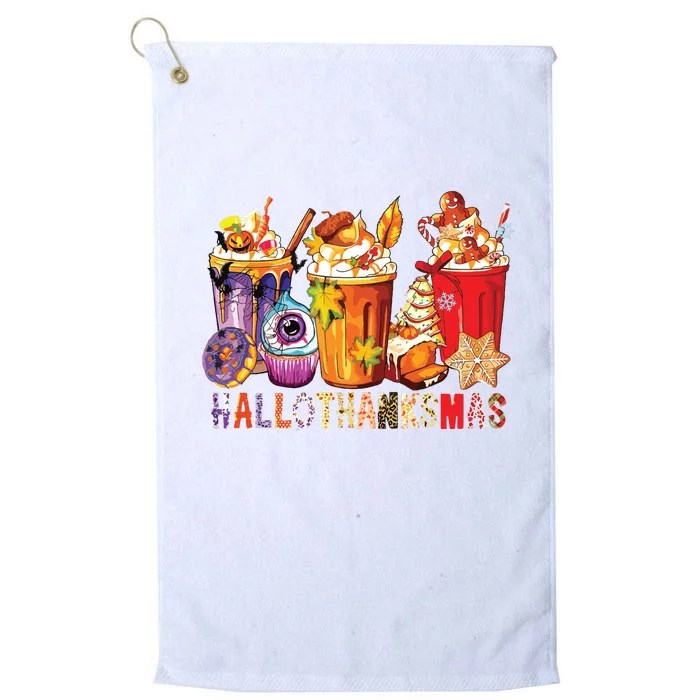 Happy Hallothanksmas Funny Halloween Thanksgiving Christmas Platinum Collection Golf Towel