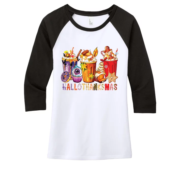 Happy Hallothanksmas Funny Halloween Thanksgiving Christmas Women's Tri-Blend 3/4-Sleeve Raglan Shirt