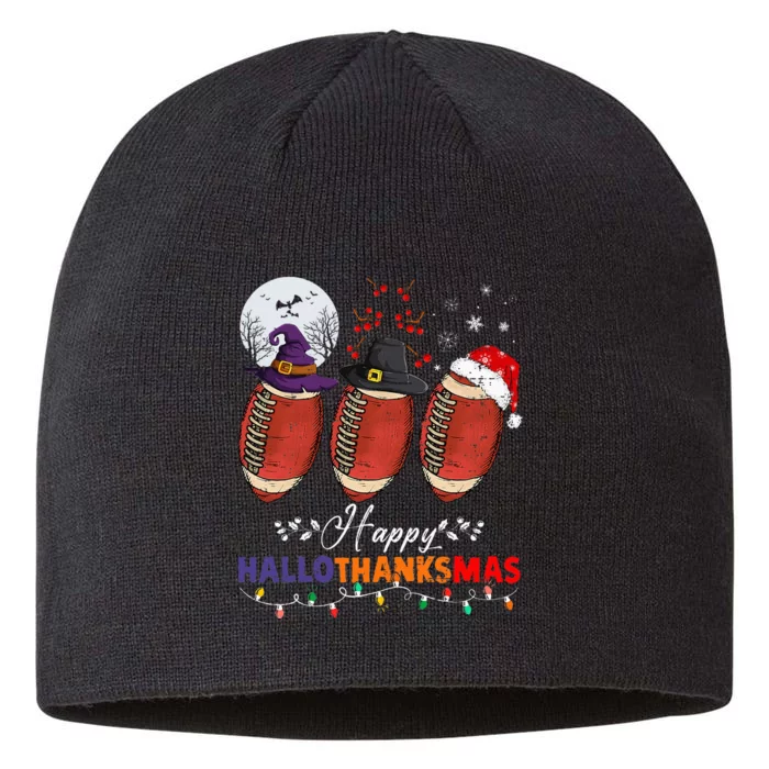 Happy Hallothanksmas Football Halloween Thanksgiving Xmas 8 1/2in Sustainable Knit Beanie