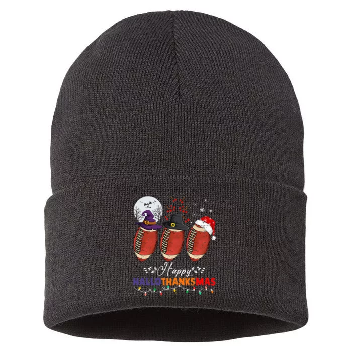 Happy Hallothanksmas Football Halloween Thanksgiving Xmas Sustainable Knit Beanie