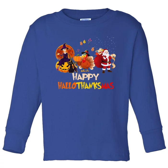 Happy Hallothanksmas Funny Halloween Thanksgiving Christmas Gift Toddler Long Sleeve Shirt