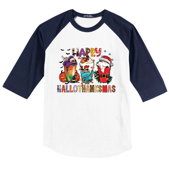 Happy Hallothanksmas Funny Halloween Thanksgiving Christmas Baseball Sleeve Shirt