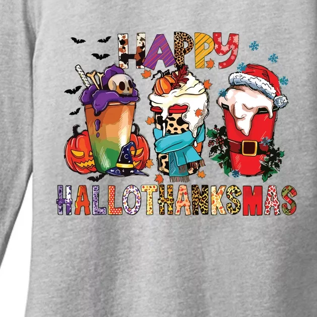 Happy Hallothanksmas Funny Halloween Thanksgiving Christmas Womens CVC Long Sleeve Shirt