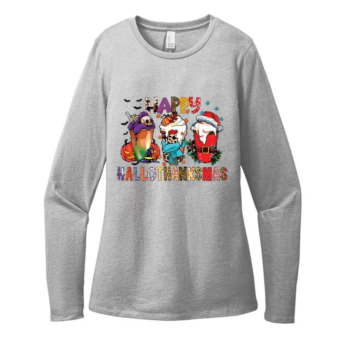 Happy Hallothanksmas Funny Halloween Thanksgiving Christmas Womens CVC Long Sleeve Shirt