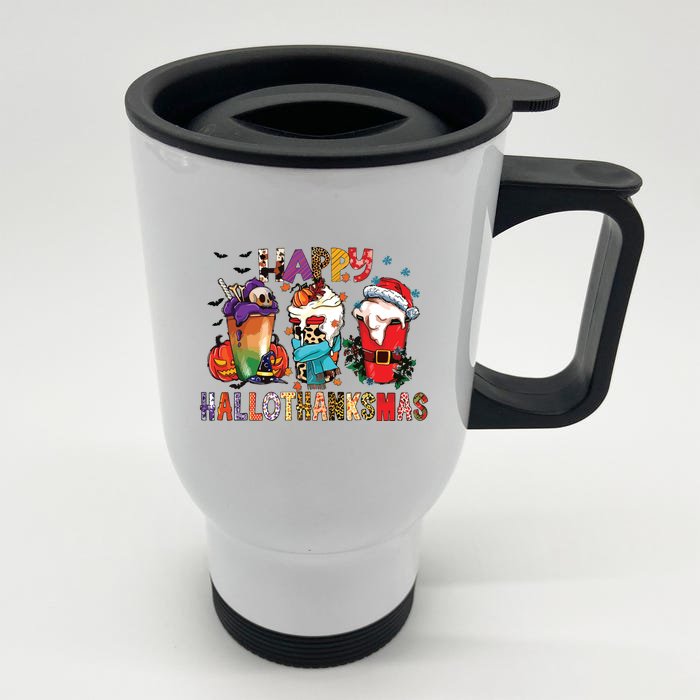 Happy Hallothanksmas Funny Halloween Thanksgiving Christmas Front & Back Stainless Steel Travel Mug