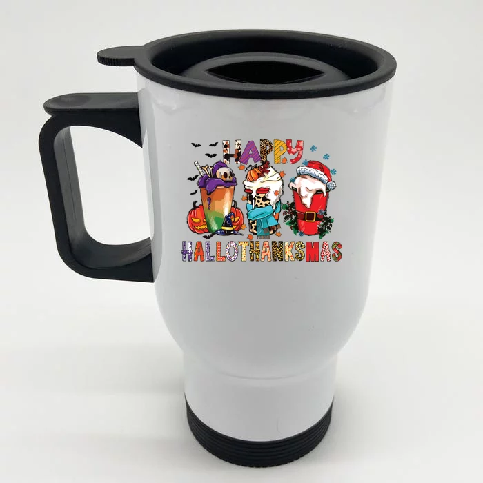 Happy Hallothanksmas Funny Halloween Thanksgiving Christmas Front & Back Stainless Steel Travel Mug