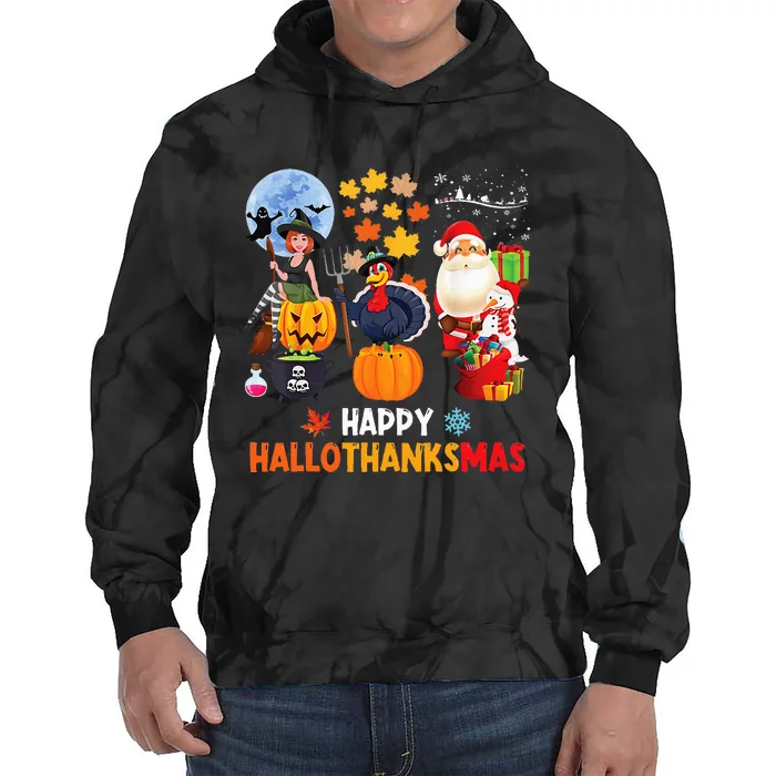 Happy Hallothanksmas Funny Halloween Thanksgiving Christmas Tie Dye Hoodie