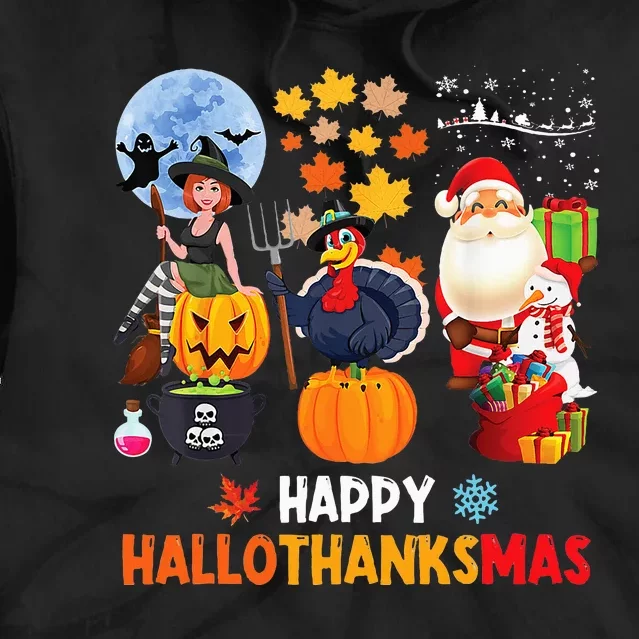 Happy Hallothanksmas Funny Halloween Thanksgiving Christmas Tie Dye Hoodie