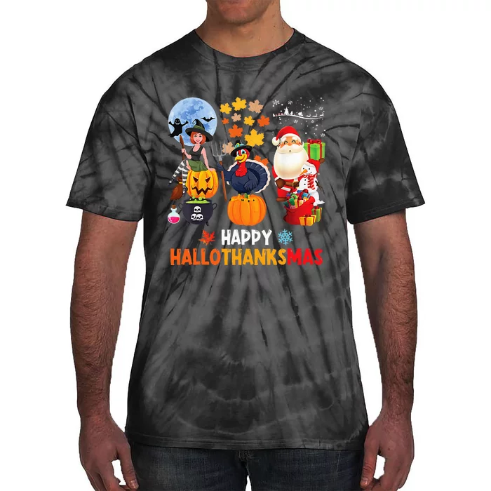 Happy Hallothanksmas Funny Halloween Thanksgiving Christmas Tie-Dye T-Shirt