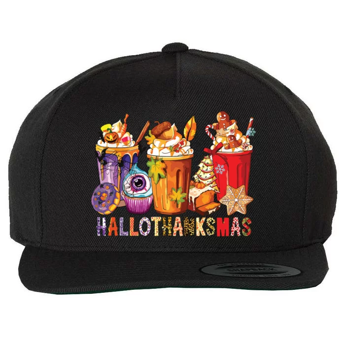 Happy Hallothanksmas Funny Halloween Thanksgiving Christmas Wool Snapback Cap