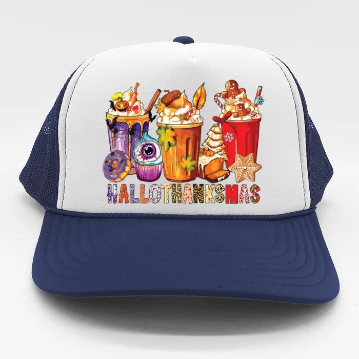 Happy Hallothanksmas Funny Halloween Thanksgiving Christmas Trucker Hat