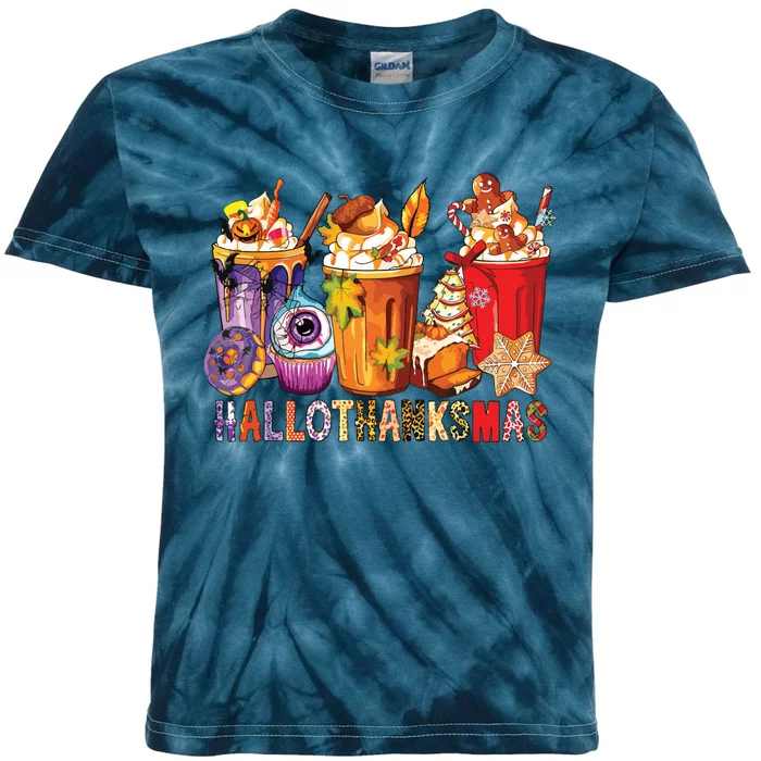 Happy Hallothanksmas Funny Halloween Thanksgiving Christmas Kids Tie-Dye T-Shirt