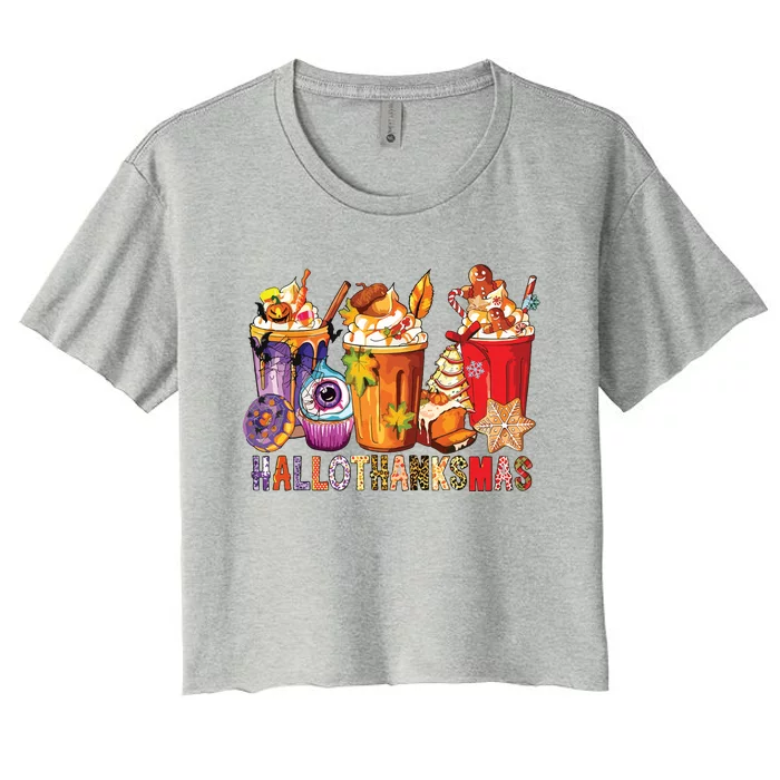 Happy Hallothanksmas Funny Halloween Thanksgiving Christmas Women's Crop Top Tee