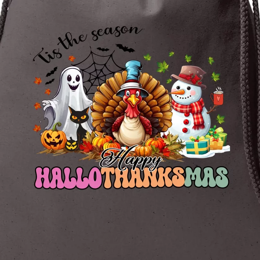 Happy Hallothanksmas Funny Halloween Thanksgiving Christmas Drawstring Bag