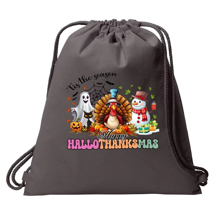 Happy Hallothanksmas Funny Halloween Thanksgiving Christmas Drawstring Bag