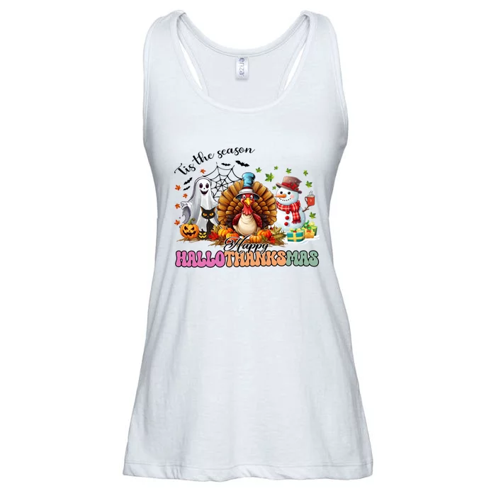 Happy Hallothanksmas Funny Halloween Thanksgiving Christmas Ladies Essential Flowy Tank