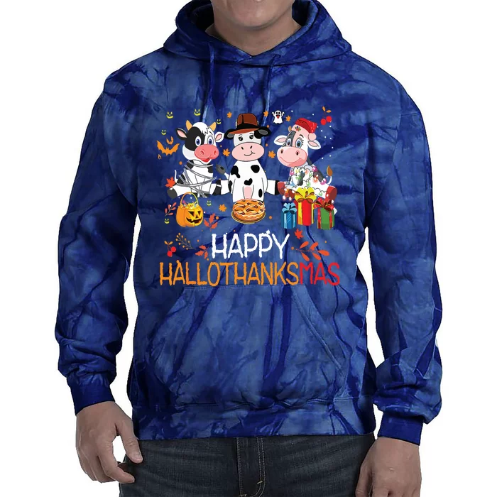 Happy Hallothanksmas Funny Santa Cow Halloween Thanksgiving Tie Dye Hoodie