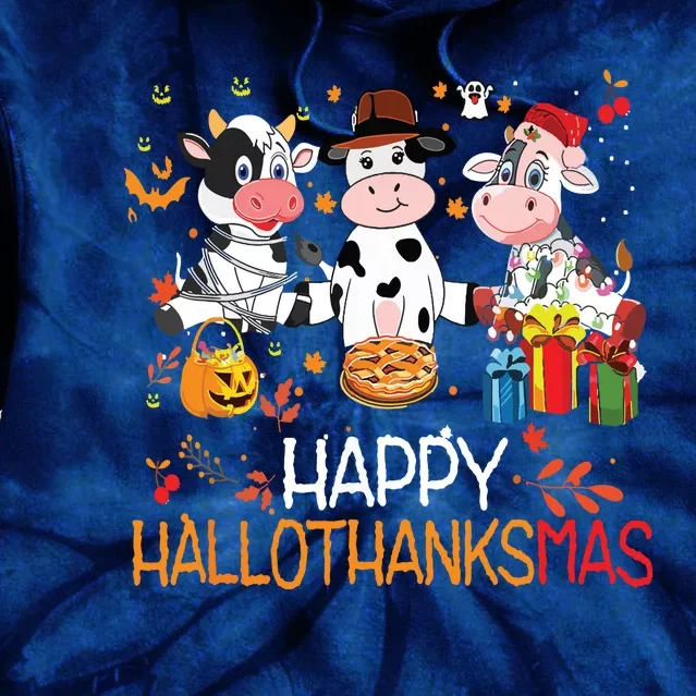 Happy Hallothanksmas Funny Santa Cow Halloween Thanksgiving Tie Dye Hoodie