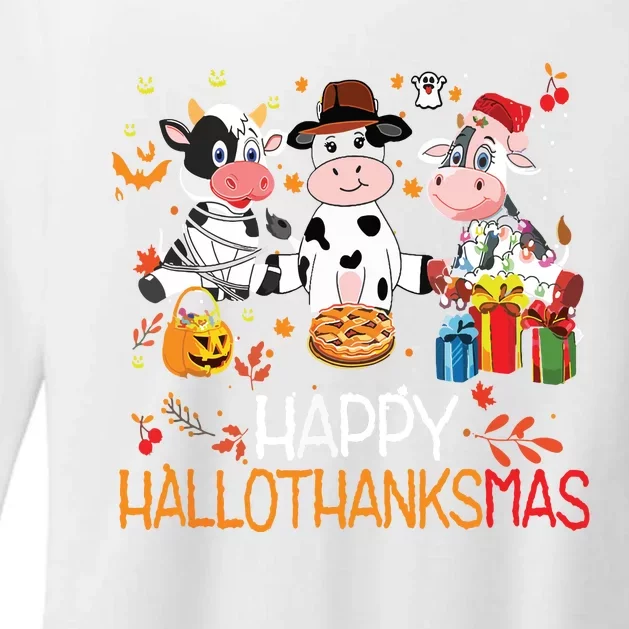 Happy Hallothanksmas Funny Santa Cow Halloween Thanksgiving Womens CVC Long Sleeve Shirt