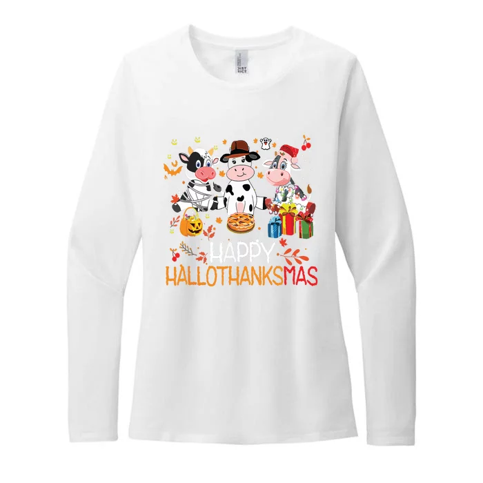 Happy Hallothanksmas Funny Santa Cow Halloween Thanksgiving Womens CVC Long Sleeve Shirt