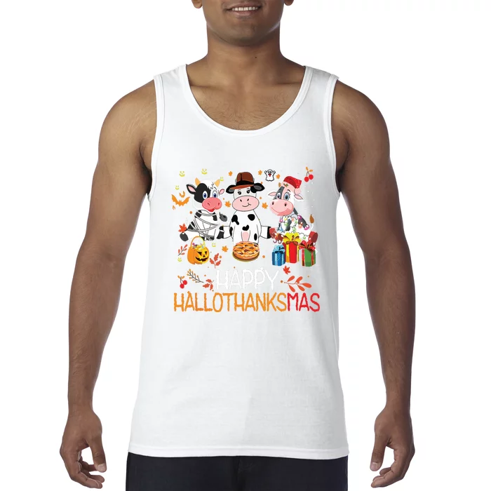 Happy Hallothanksmas Funny Santa Cow Halloween Thanksgiving Tank Top