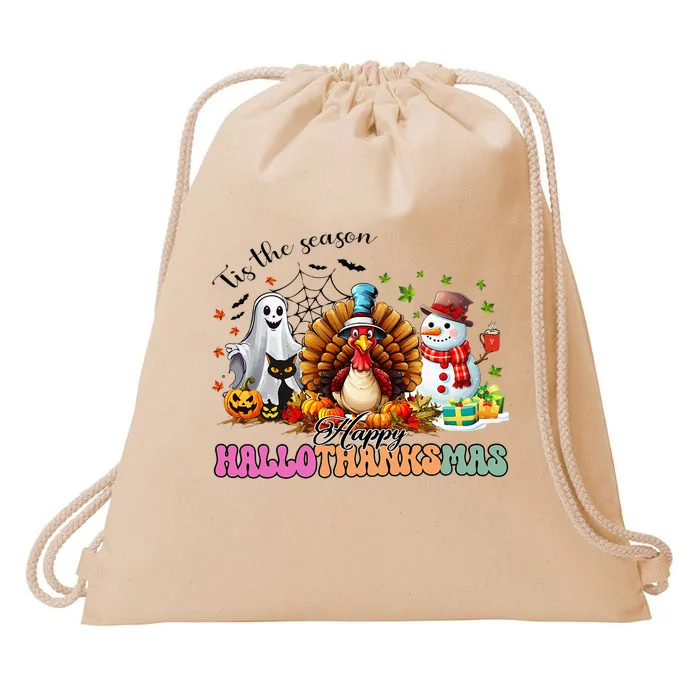 Happy Hallothanksmas Funny Halloween Thanksgiving Christmas Drawstring Bag