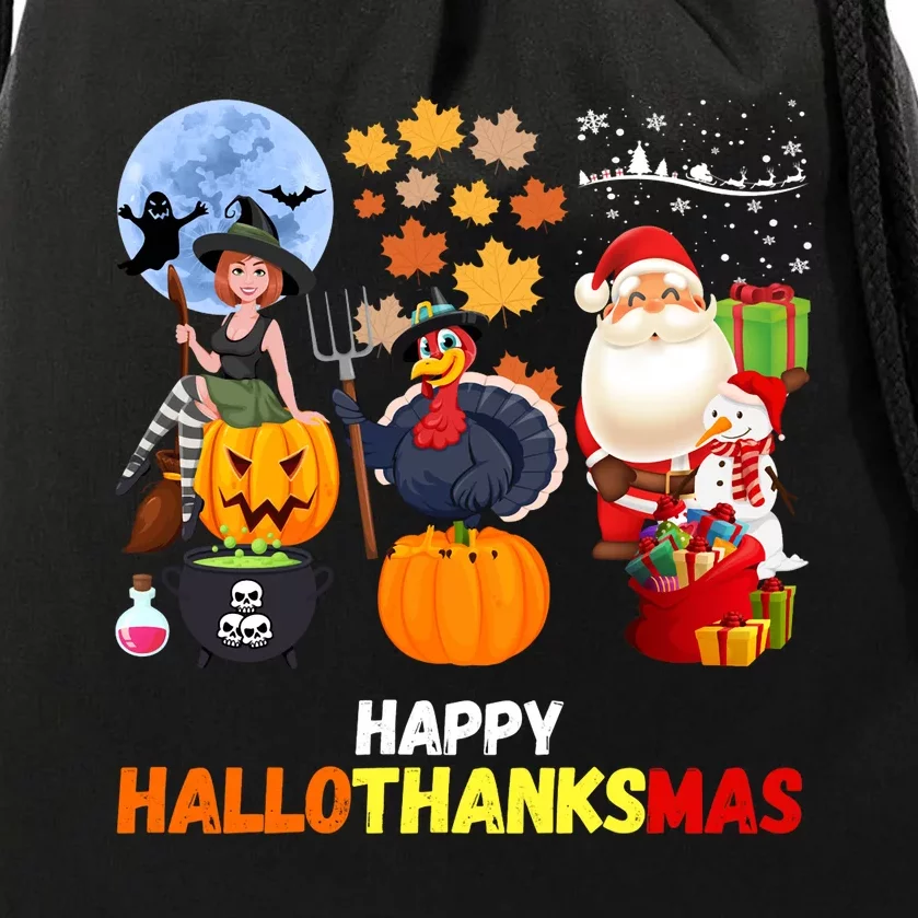 Happy Hallothanksmas Funny Halloween Thanksgiving Christmas Drawstring Bag